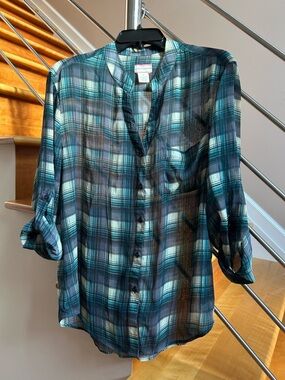 Band of Gypsies Teal, Navy & White Plaid Button-Up Shirt